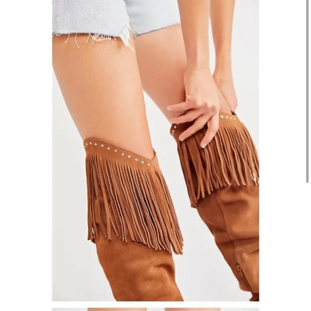 Free People Wayne Fringe Suede Over The‎ Knee Leather Western Boots Brown 6 NIB